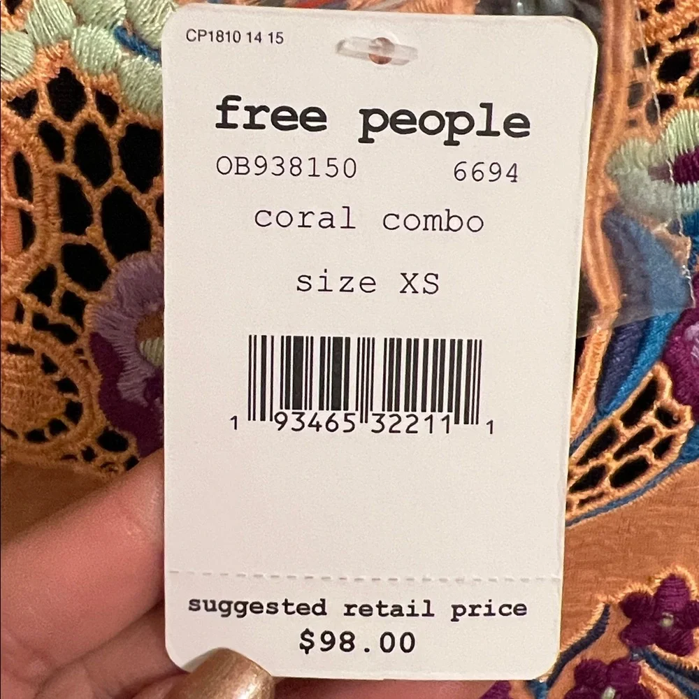 Free People Coral Crochet Neck Floral Embroidered Sleeveless Top